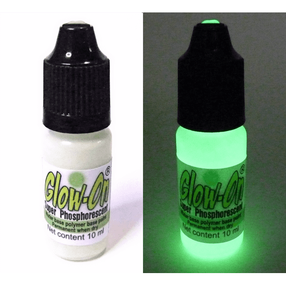 Glow On Super Phosphorescent Paint With Tip Applicator, Original Color, Green Glow, Large 10 ml Bottle.