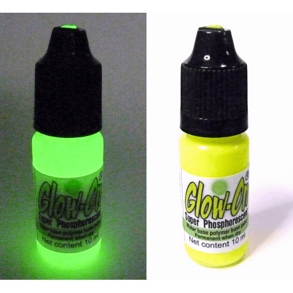 Glow On Super Phosphorescent Paint With Tip Applicator, Yellow Color, Green Glow, Large 10 ml Bottle.