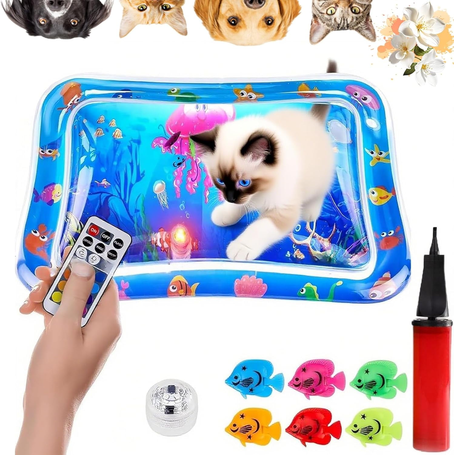 Glow Pad for Cats - 24in Light-Up Water Play Mat with LED Fish Toys, Spill-Resistant Thickened PVC Base for Floor/Tile Floors
