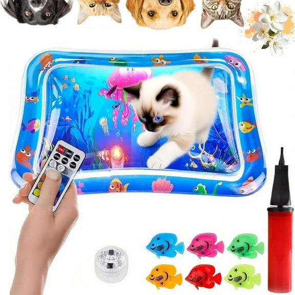 Glow Pad for Cats - 24in Light-Up Water Play Mat with LED Fish Toys, Spill-Resistant Thickened PVC Base for Floor/Tile Floors