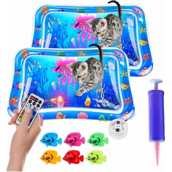 Glow Pad for Cats, Cat Water Mat with Fish, Thickened Water Sensor Play Mat, with Motion-Triggered Light Effects (2SET)