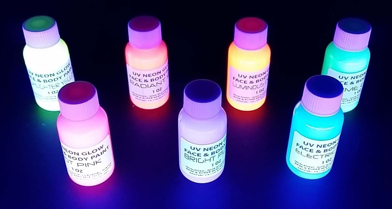 Midnight Glo UV Neon Face & Body Paint Glow Kit (7 Bottles 2 oz. Each)  Black Light Reactive Fluorescent Paint - Safe, Washes Off Skin, Non-Toxic
