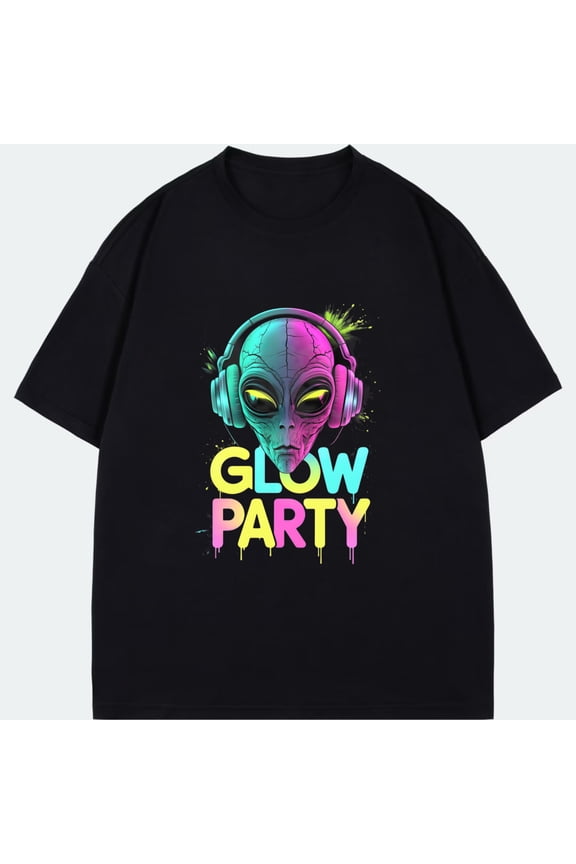 Glow Party T Shirt Black Alien With Headphones And Neon Text Glow Party For Nightlife Events And Raves