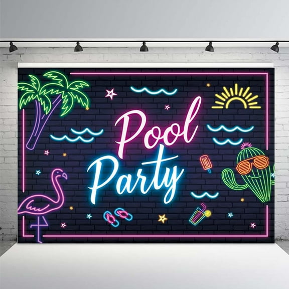 Glow Pool Party Backdrop Neon Themed Birthday Pool Party Decorations Summer Flamingo Night Pool Party Photography Background Photo Booth Props 7x5FT