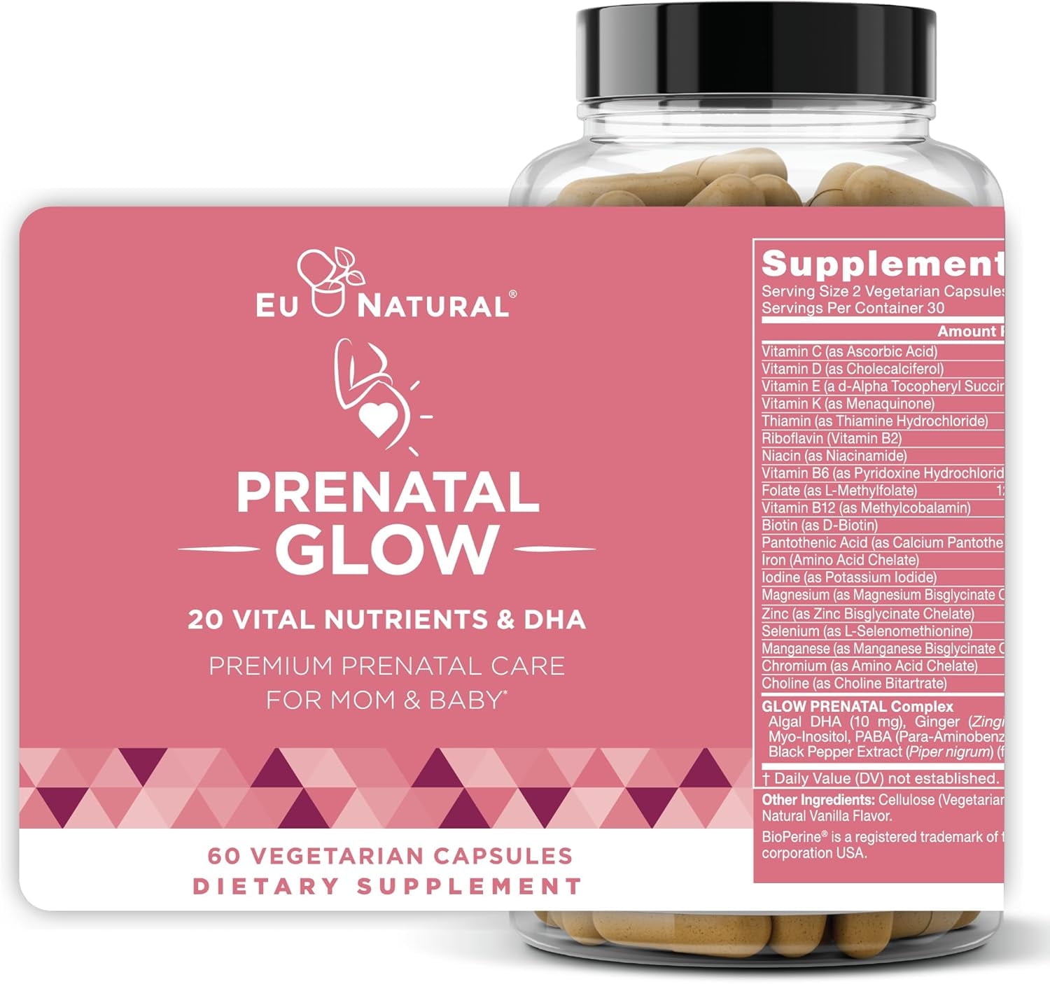 Glow Prenatal Vitamins for Women  20-in-1 Vital Nutrients for Healthy Pregnancy and Fetal Development  Folic Acid & Vegan DHA For Baby's Growth & A Comfortable Pregnancy  60 Nourishing Capsules