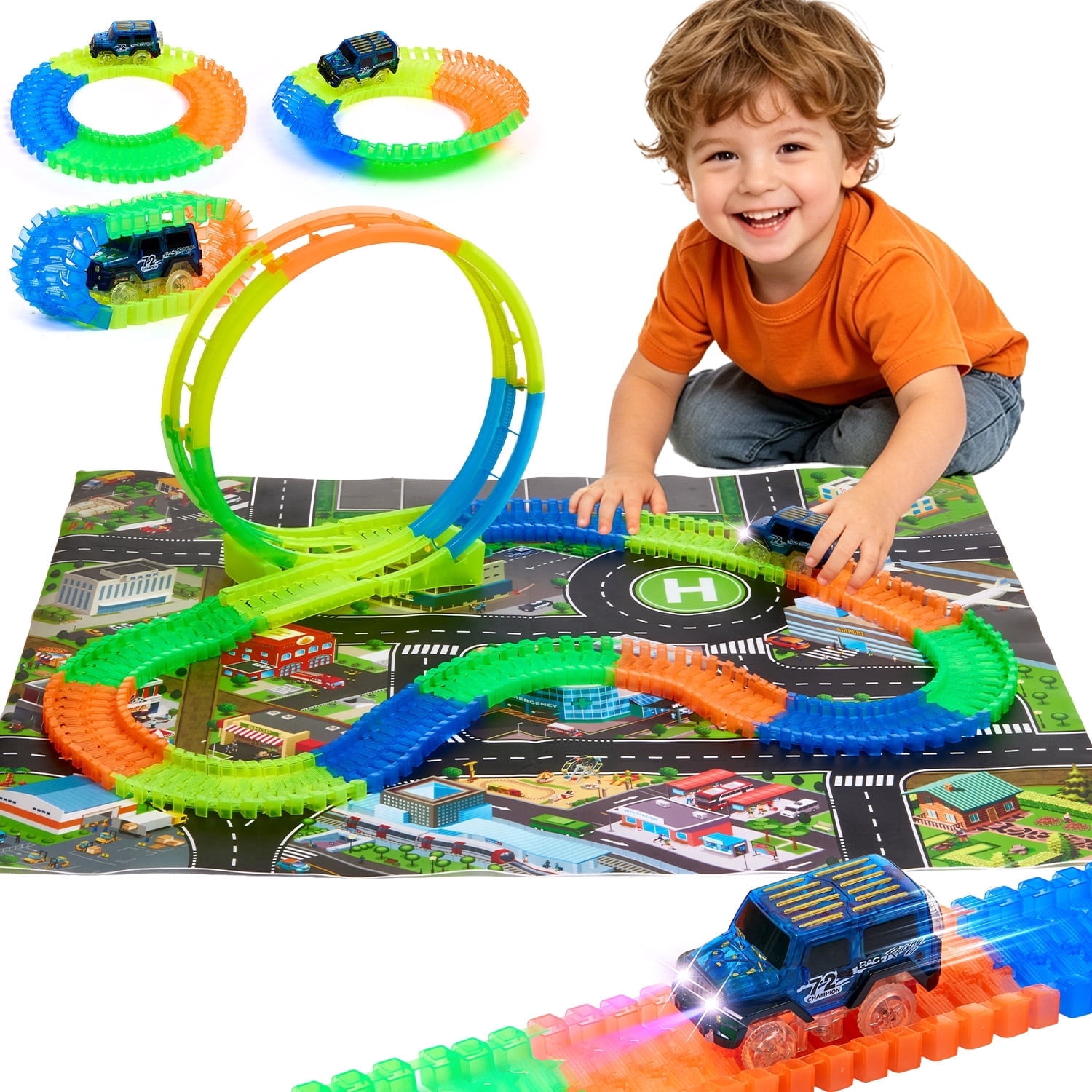 Lictin Glow Race Car Tracks Toys for Kids, 153 pcs Flexible Race Track Set with LED Light Up Race Cars & Play Map, Glowing Track toy Gift for Boys Girls Ages 3+
