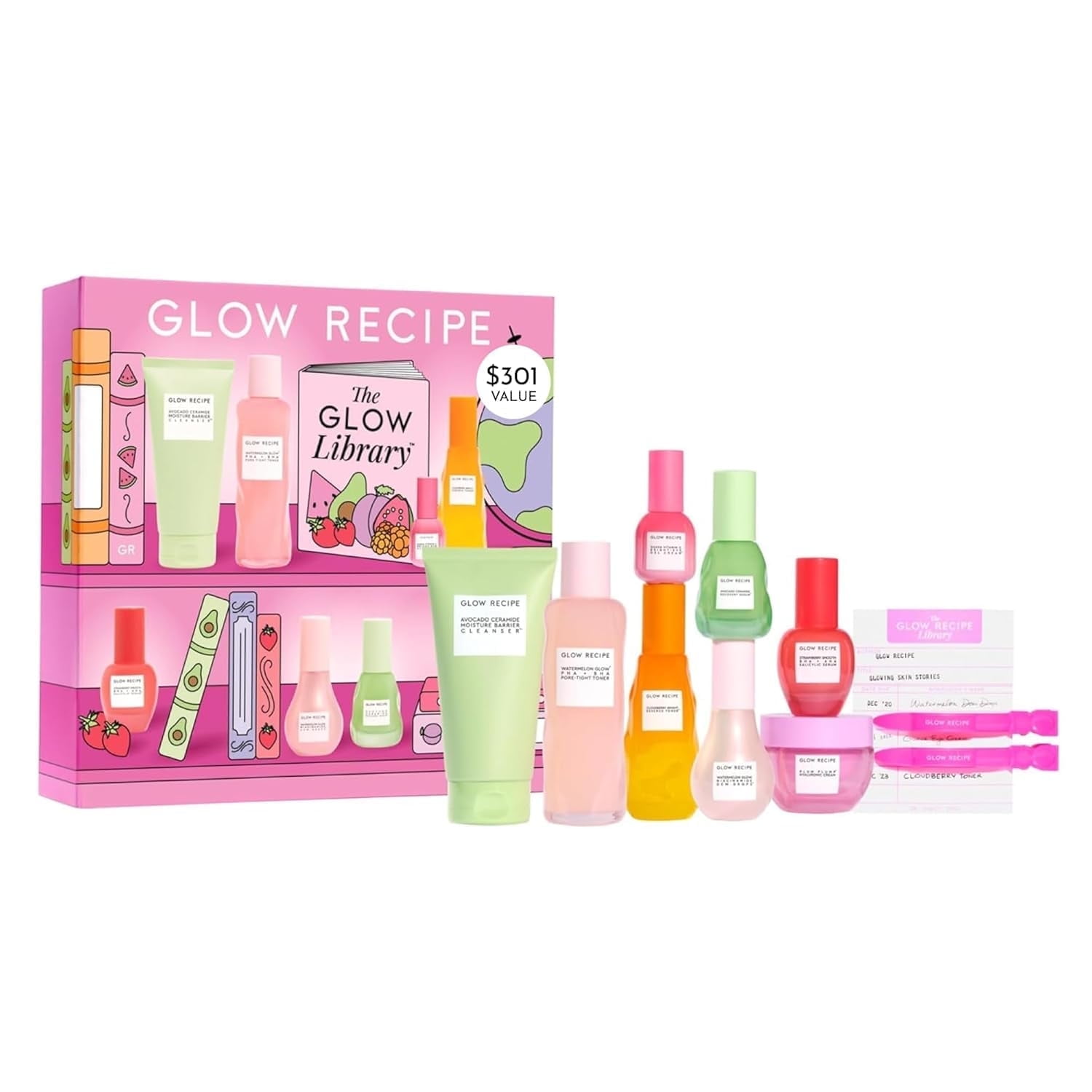 Glow Recipe Library Skincare Xmas Gift Set - Avocado Face Wash + Face Serum + Toner + Guava Eye Cream + Hyaluronic Acid Moisturizer + Dew Drops + Strawberry Smooth Serum + 2 Hair Clips (10 Count)