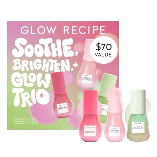 Glow Recipe Soothe, Glow & Bright Gift Set - Niacinamide Dew Drops Face Serum + Avocado Ceramide Facial Serum + Guava Dark Spot Serum - Korean Skincare Travel Kit (3 Count)