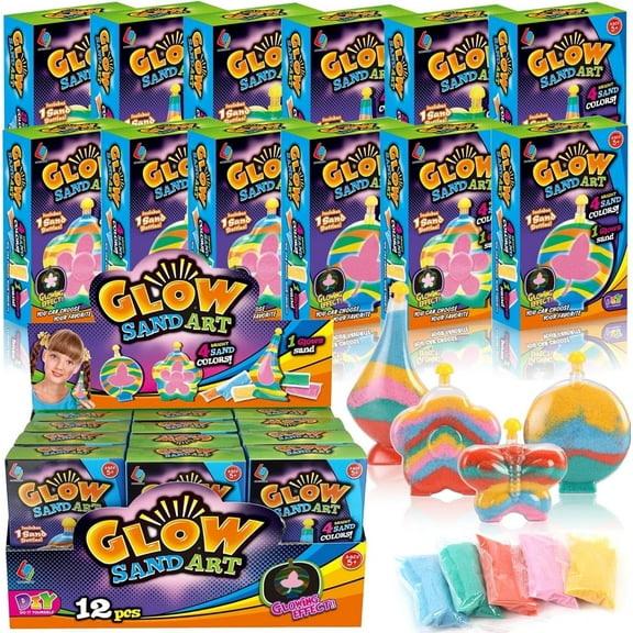 Glow Sand Art Kit for Kids, 12 Pack with 60 Bags of Sand, DIY Craft Activity Set with Bottles and Tools