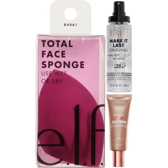 Glow & Set Makeup Essentials Bundle with e.l.f. Sponge, Milani Setting Spray and L'Oreal Lumi Glotion
