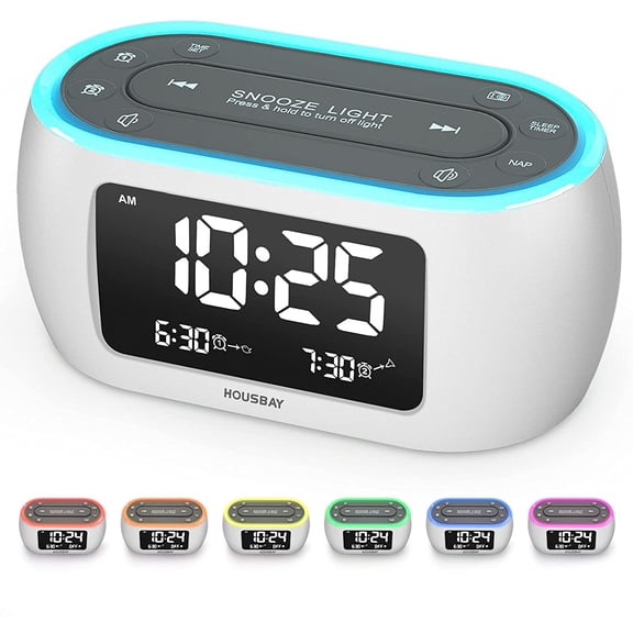 Glow Small Alarm Clock Radio for Bedrooms with 7 Color Night Light, Dual Alarm, Dimmer, USB Charger, Battery Backup, Nap Timer, FM Radio with Auto-Off Timer for BedsideWhite