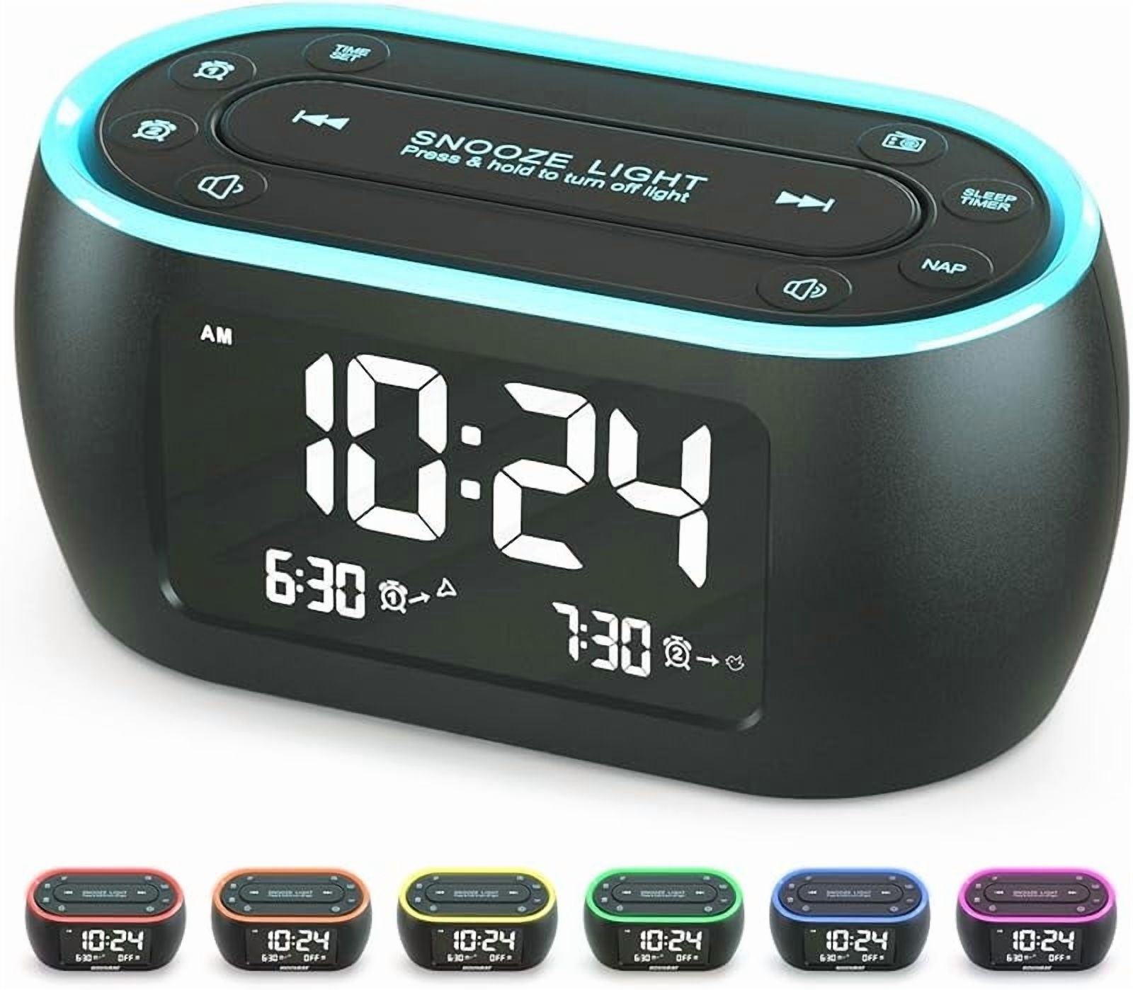 Glow Small Alarm Clock Radio for Bedrooms with 7 Color Night Light, Dual Alarm, Dimmer, USB Charger, Battery Backup, Nap Timer, FM Radio with Auto-Off Timer for Bedside