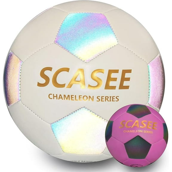 Glow Soccer Ball-Flash Holographic Reflective and Leather Size 4 & Size 5 Soccer Balls (Adult/PRO)-Discoloration in The Sun-Gifts for Men Women Indoor Outdoor Soccer Training