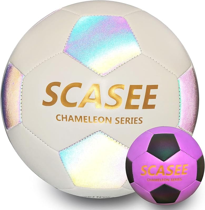 Glow Soccer Ball-Flash Holographic Reflective and Leather Size 4 & Size 5 Soccer Balls (Adult/PRO)-Discoloration in The Sun-Gifts for Men Women Indoor Outdoor Soccer Training