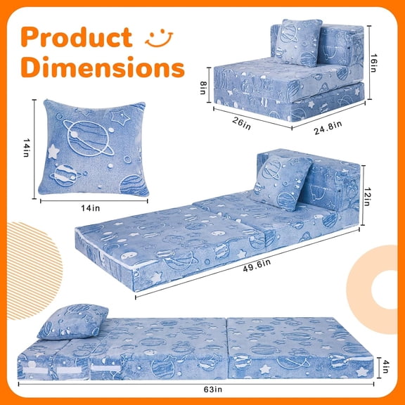 Glow Space-Themed Tri-fold Sofa Bed for Kids, Foldable Futon Chair and Floor Couch with Planets and Stars for Playroom