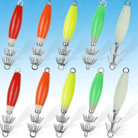 Glow Squid Jigs Kit, 10 Pcs-Maximize Your Night Catch with These High-Intensity Glowing Lures. Saltwater-Ready, Durable Hooks Included in a Convenient Tackle Box for Instant Fishing.