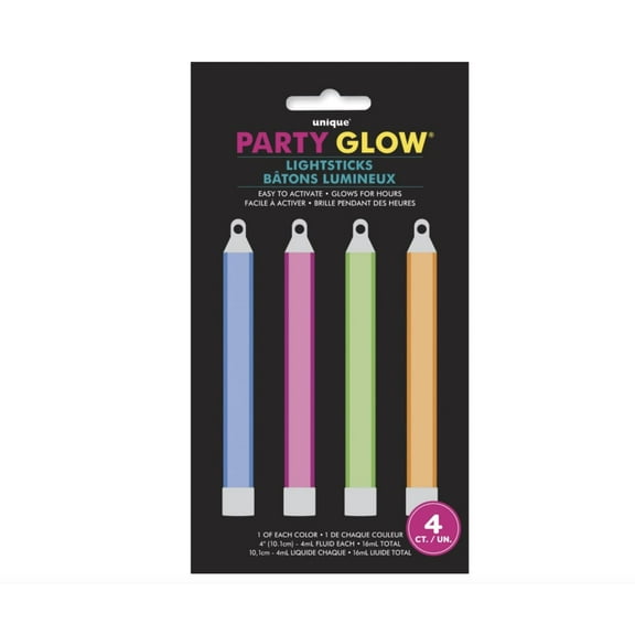 Glow Sticks, 4 in, Assorted, 4ct