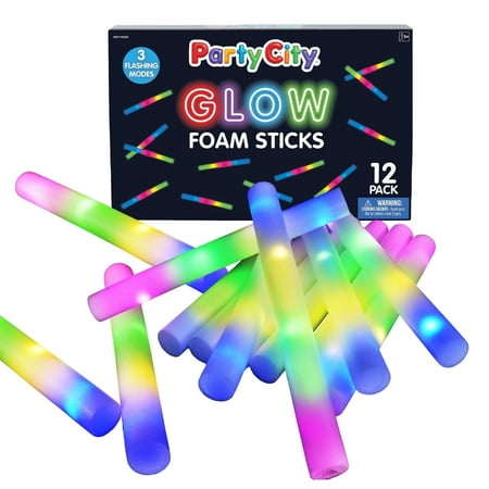 Party City 14 Inch Glow Sticks Foam, Bright Multi-Color LED Lights, 3 Flash Modes, Party Supplies for Kids & Adults, 12pk
