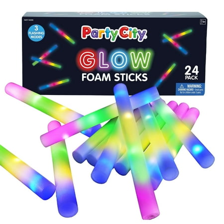 Party City 14 Inch Glow Sticks Foam, Bright Multi-Color LED Lights, 3 Flash Modes, Party Supplies for Kids & Adults, 24pk