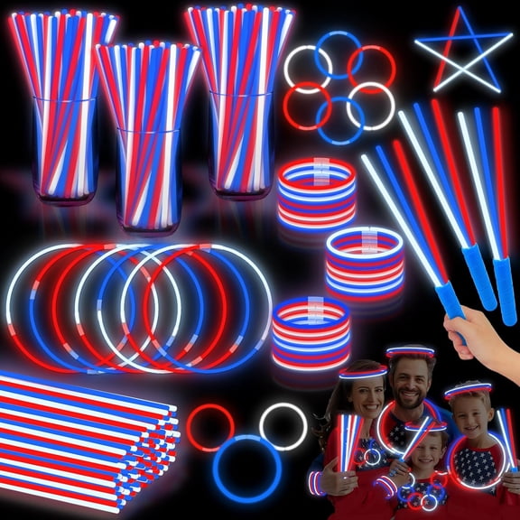 Glow Sticks Party Supply Set, 120 Pieces With Connectors And 20 Handles, Red White Blue Patriotic Bracelets And Necklaces For USA Independence Day And Anniversary Events