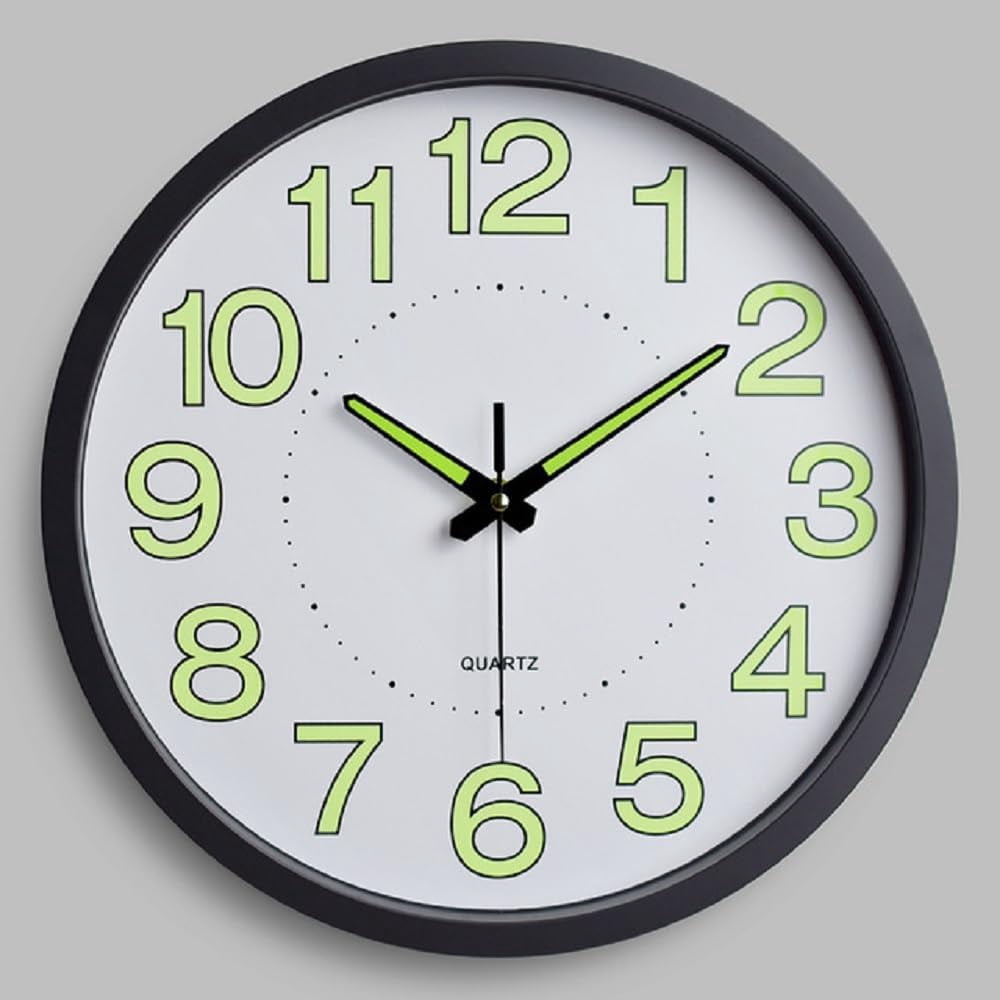 Glow in The Dark Clock, 12 inch Modern Silent Non Ticking Wall Clocks Battery Operated, Night Light Wall Clock for Living Room Decor, Kitchen, Bedroom