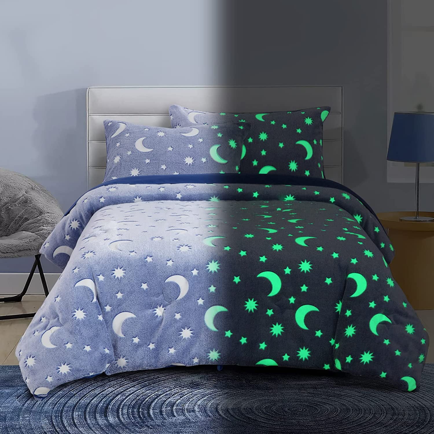 Glow in The Dark Comforter Set 5 Piece Twin/Twin XL with Sheets, Blue Velvet Bedding Comforter