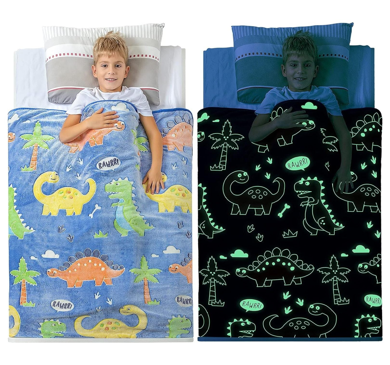 Glow in The Dark Dinosaur Blanket for Boys Soft Plush Blue Fleece