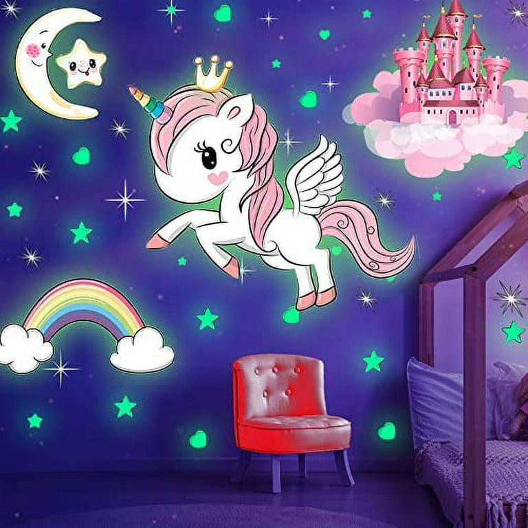 Glow in The Dark Stars Glowing Unicorn Sets with Castle Moon and Rainbow Wall Decals for Kids Bedding Room Great for Birthday Gift Wall Mural