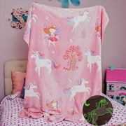Glow in The Dark Unicorn Blanket for Girls – Soft Pink Fleece Throw. Great Christmas, Birthday, Baby, Toddler Unicorn Gifts! Premium Fuzzy Blanket with Fairy, Butterfly, Stars. Bright Long-Last Glow