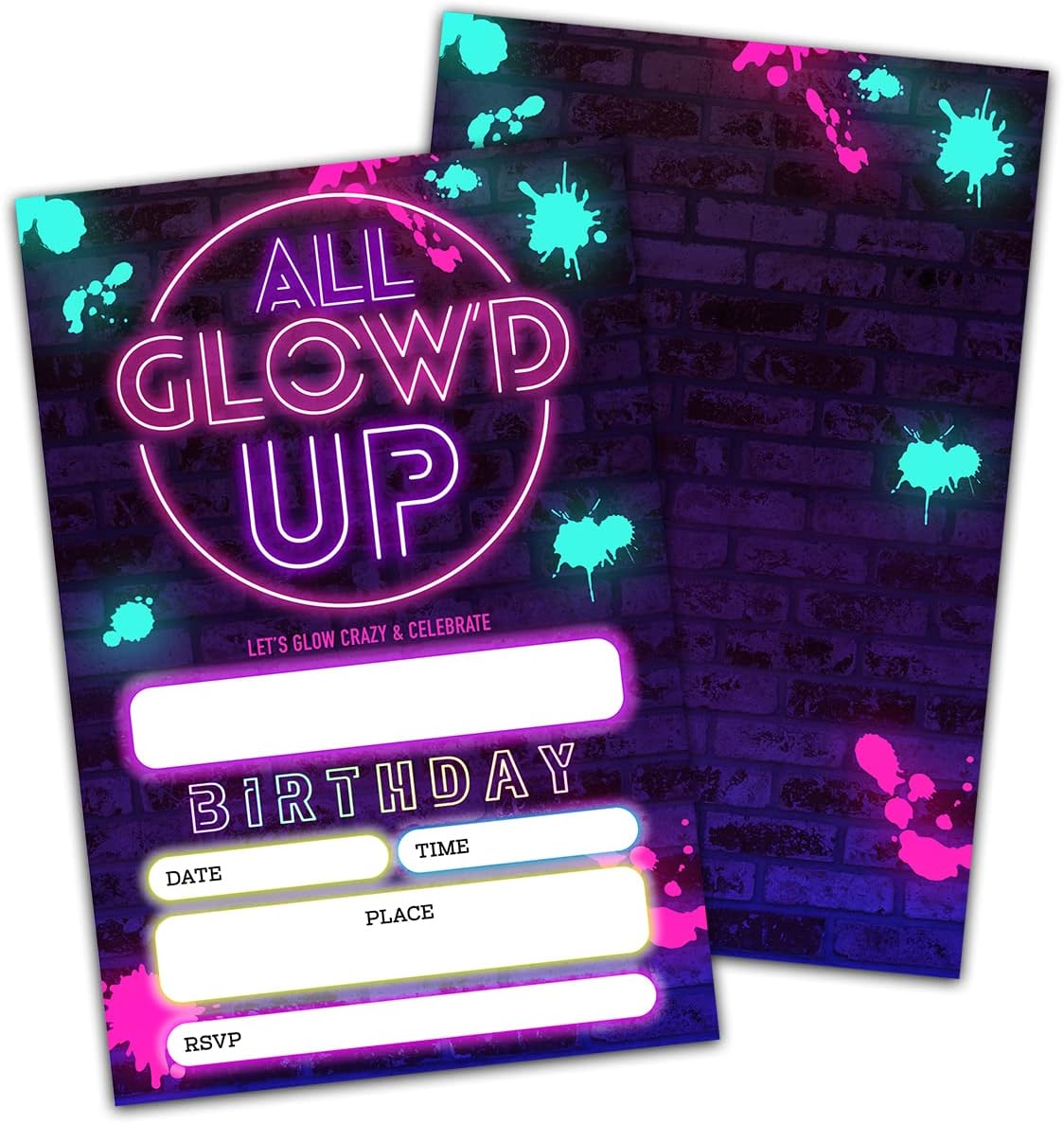 Glow Up Birthday Invitations (20Pack) Neon Party DoubleSided