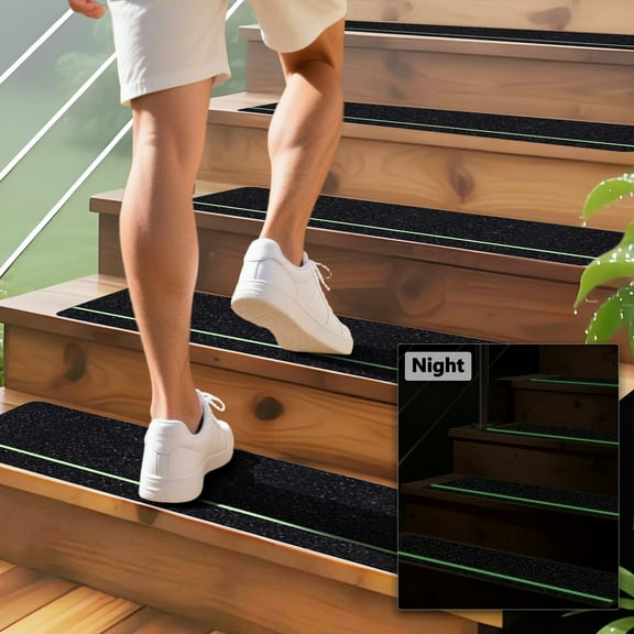 Glow-in-Dark 6"x30" Stair Treads (12 Pack) - Large Waterproof Anti-Slip Tape, Peel & Stick for Outdoor Steps & Decks, Black