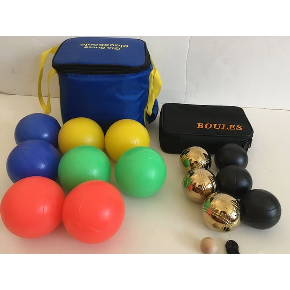 Glow in Dark Bocce Set and 73mm Metal Petanque/Boules 6 Ball Set with 3 Gold and 3 Black Balls and Black Bag