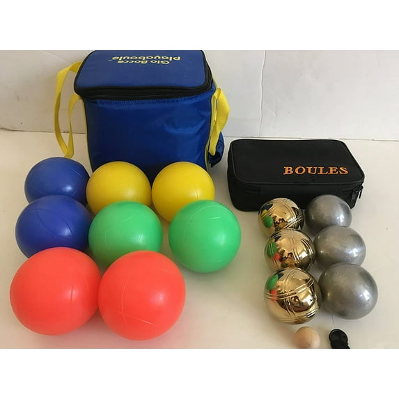 Glow in Dark Bocce Set and 73mm Metal Petanque/Boules 6 Ball Set with 3 Gold and 3 Plain Grind Sand Balls and Black Bag