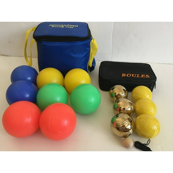 Glow in Dark Bocce Set and 73mm Metal Petanque/Boules 6 Ball Set with 3 Gold and 3 Yellow Balls and Black Bag