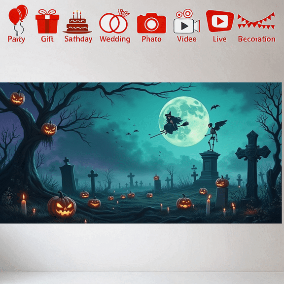 Glow in Dark Halloween Background Spooky Cemetery Full Moon Tombstones Jack O Lantern for Party Decoration Holiday