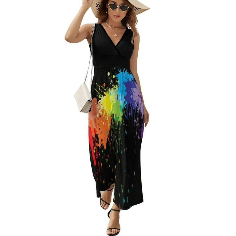 Glow in Dark Splatter Neon Dress Elegant Maxi Dress V Neck Design Bohemia Long Dresses Aesthetic Big Size Clothing Walmart