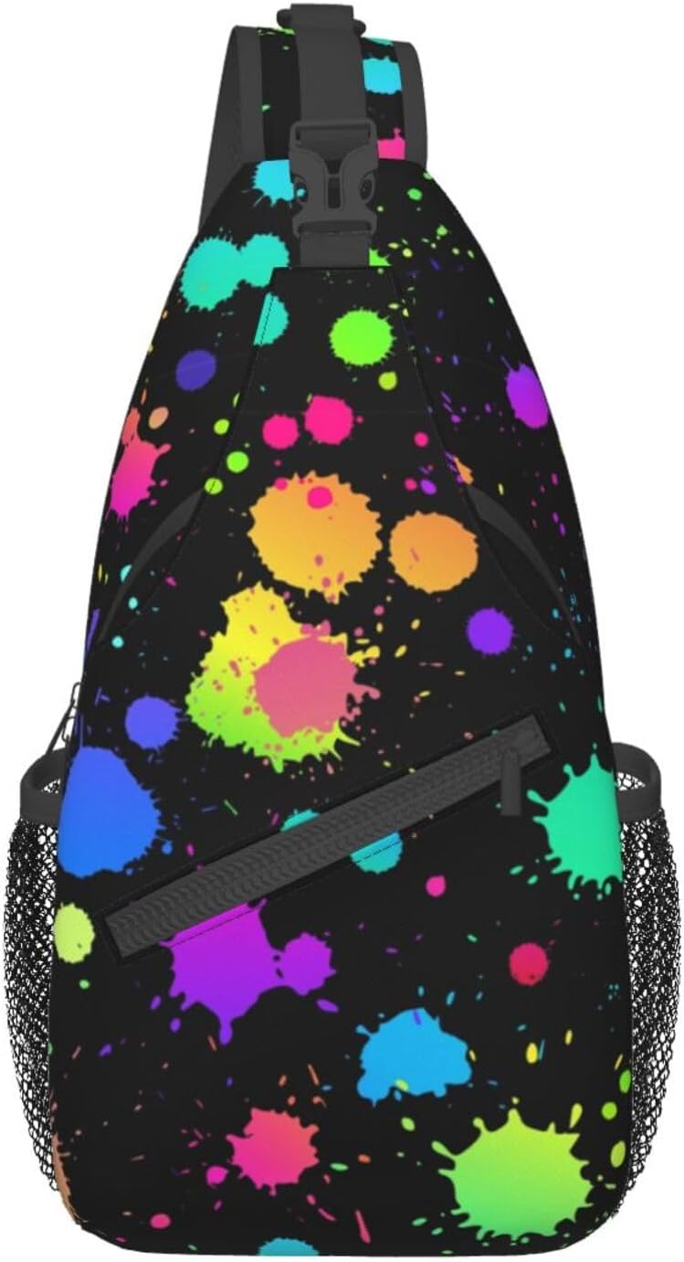 Glow in Dark Splatter Neon Rainbow Pattern Sling Bag Crossbody Hiking Travel Chest Bags Backpack Shoulder Daypack for Women Men