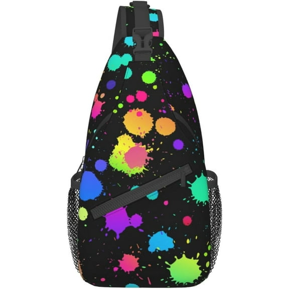 Glow in Dark Splatter Neon Rainbow Pattern Sling Bag Crossbody Hiking Travel Chest Bags Backpack Shoulder Daypack for Women Men