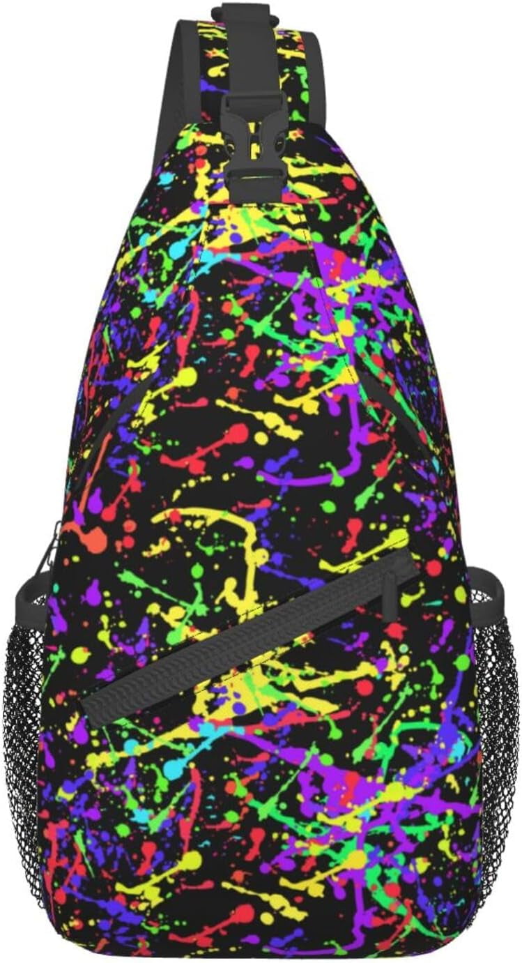 Glow in Dark Splatter Neon Sling Bag Crossbody Hiking Travel Chest Bags Backpack Shoulder Daypack for Women Men