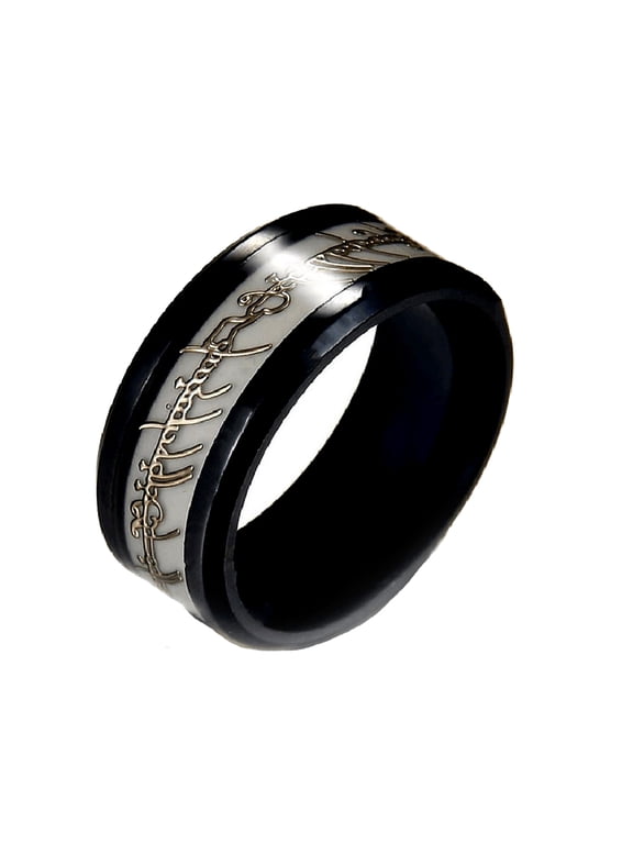 Black Stainless Steel Wedding Band Ring 8mm Blue Glow in the Dark Gold Tone Inlay Size 8 for Women by Ginger Lyne