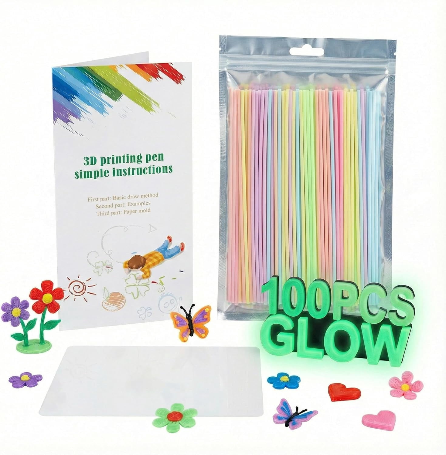 Glow in The Dark 3D Pen Filament Refills Compatible with Start+, Safe & Low Temperature 2.5mm PCL, Each Color 10 pcs Total 100 pcs for Kids Gift