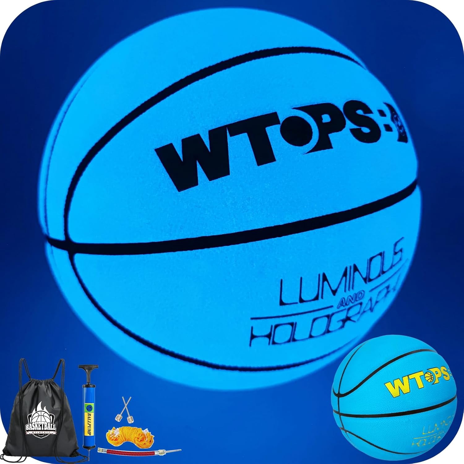 Glow in The Dark Basketball, Cool Glowing Luminous Basketball with Pump and Bag Indoor Outdoor PU Leather Basketballs Size 5/6/ 7