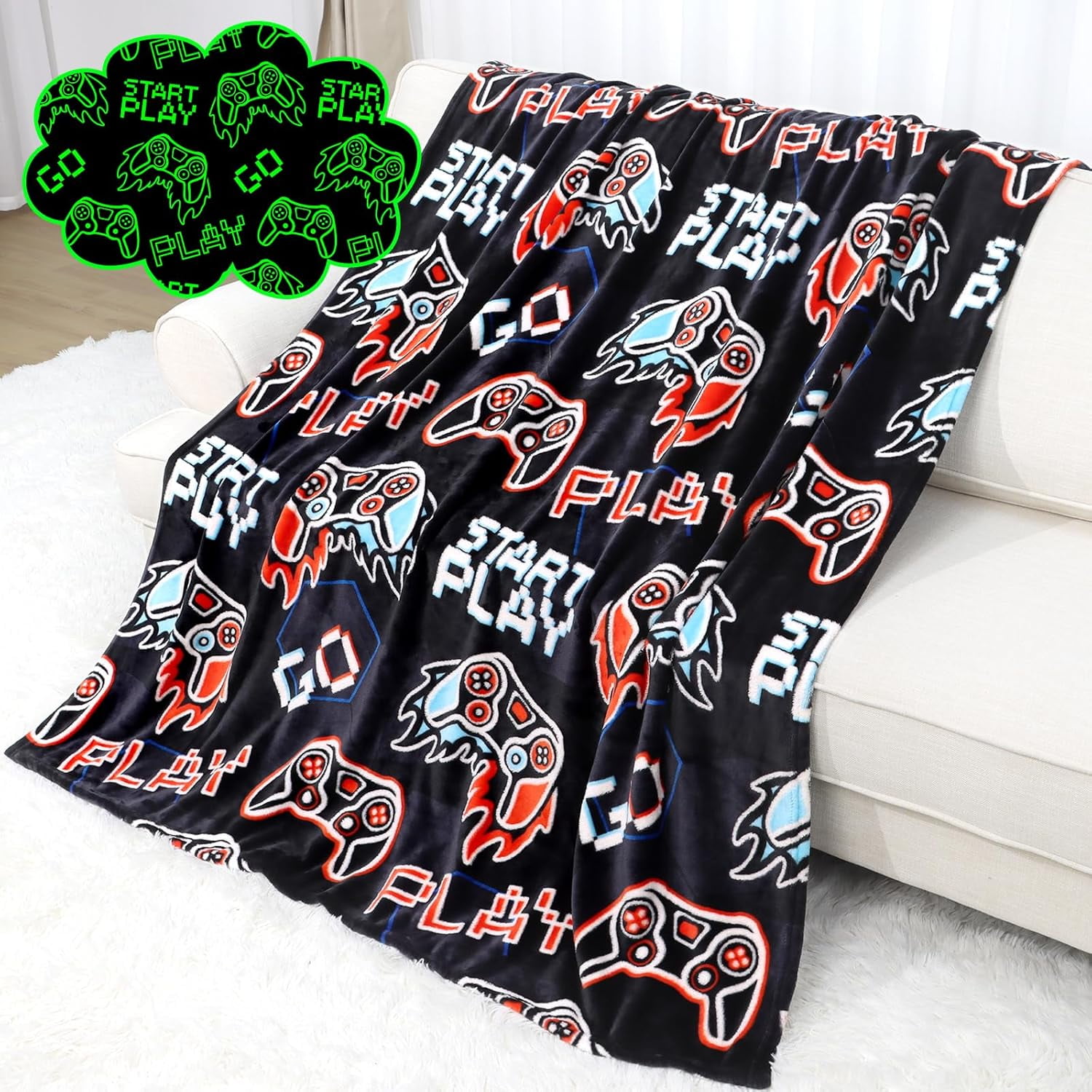 Glow in the Dark Gaming Fleece Blanket for Kids and Teens
