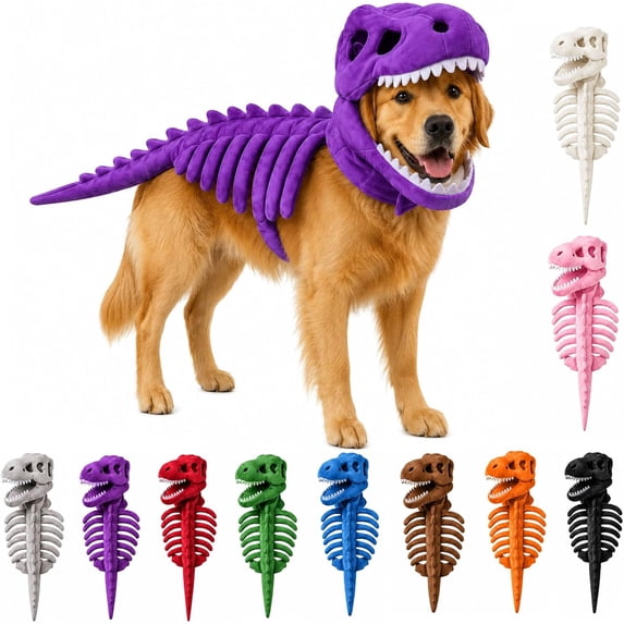 Glow in The Dark Dinosaur Skeleton Pet Costume, Plush Halloween Hood Outfit for Cats & Dogs 35 inches