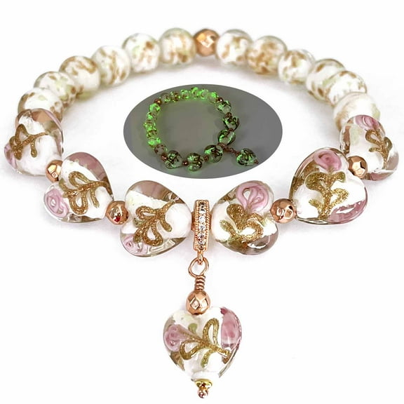 Glow in The Dark Firefly Beads Bracelet, Handmade in USA, Heart Shaped Luminous Murano Glass Beads Jewelry (White)