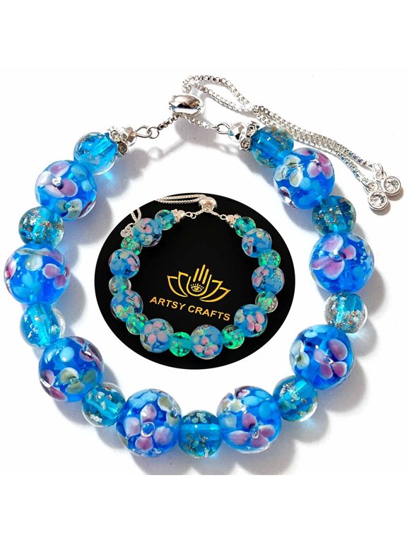Glow in The Dark Firefly Beads Bracelet, Handmade in USA, Lily Flower Luminous Murano Glass Beads Jewelry (Sky Blue)