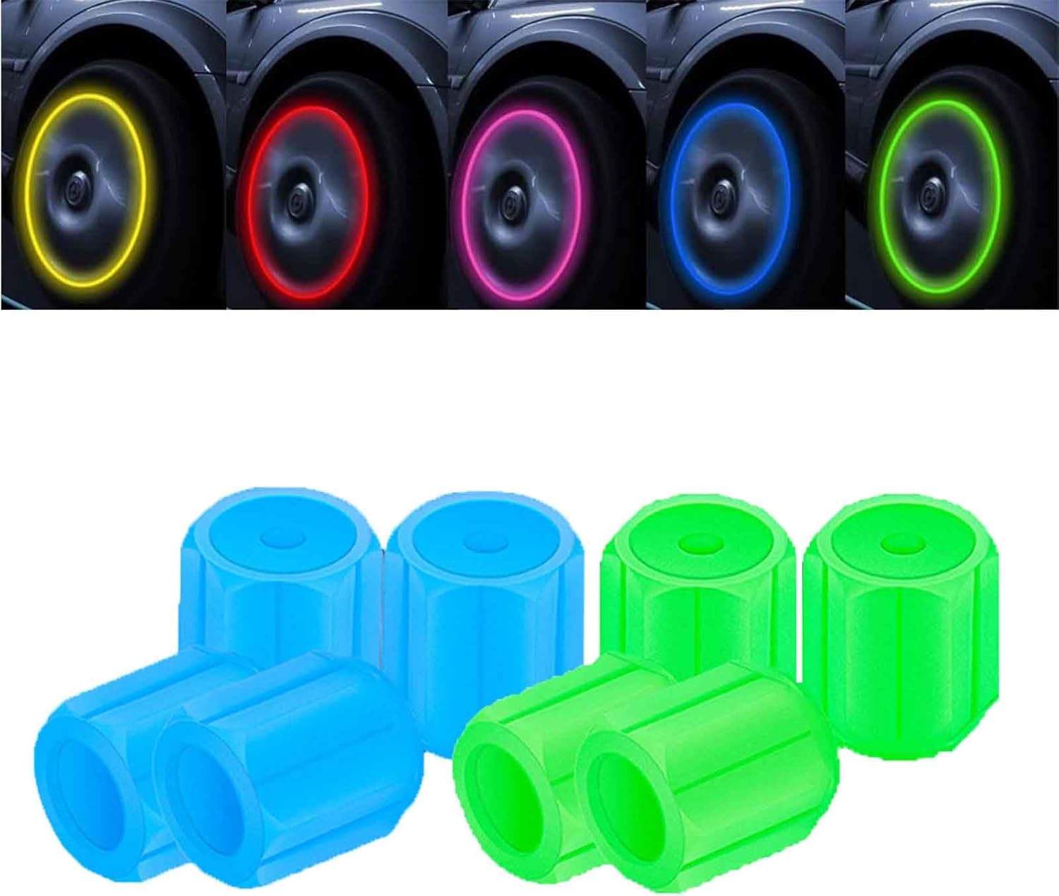 Glow-in-The-Dark Fluorescent Tire Valve Stem Caps – Universal Tire Valve Cap Set for Car Truck SUV Motorcycle Bicycle –Dust-Proof, Valve Core Protection, Easy Screw-On (Green+Blue*Eight Packs)