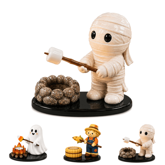 Glow-in-The-Dark Ghost Campfire Gathering, Cute & Cozy Halloween Ghost Figurine Set, Ghost Cat and Tea Light Holder | Resin Ghost Statue for Home, Mantel, Shelf, Desk B