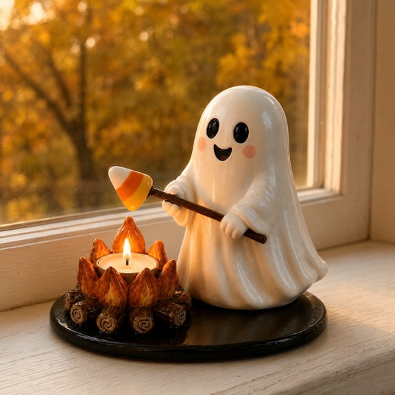 Glow-in-The-Dark Ghost Campfire Gathering, Resin Ghost Cat Halloween Ghost Figurine, Glow-in-Dark Campfire Tealight Holder Fireplace Indoor Decor A
