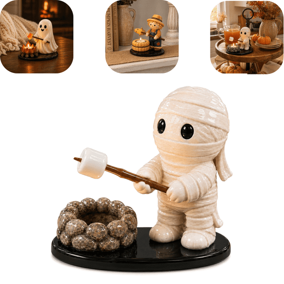 Glow-in-The-Dark Halloween Campfire Tealight Holder, Ghost Campfire Gathering Cute Halloween Ghost Figurine with Ghost Cat, Indoor Fireplace Seasonal Ornament B
